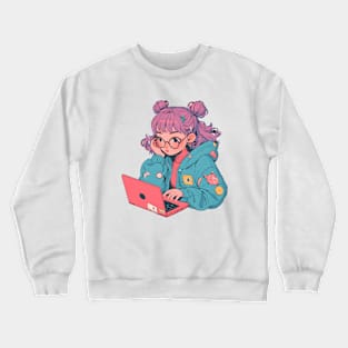 Cartoon girl with laptop Crewneck Sweatshirt